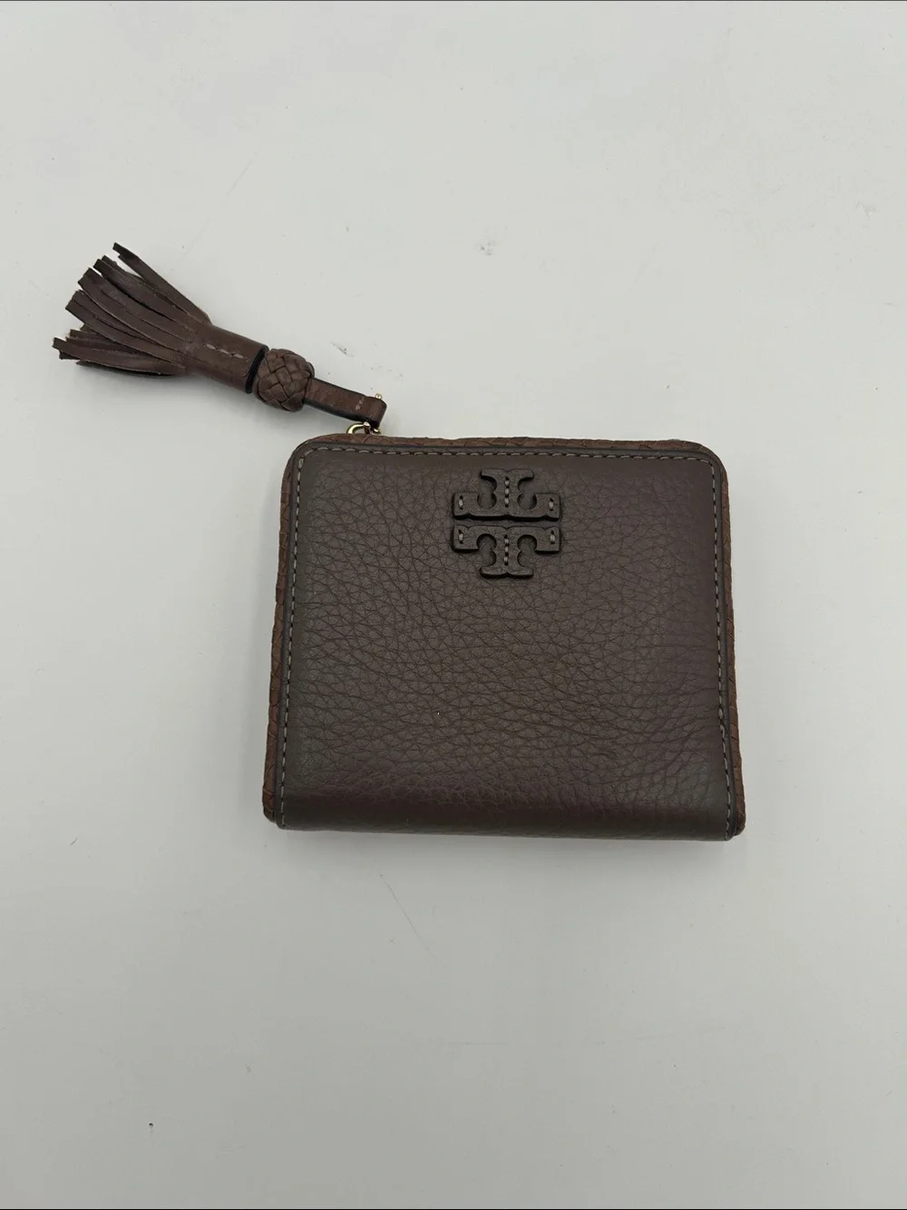Tory Burch Dark Brown Pebbled Leather Zip Coin Wallet with Tassel